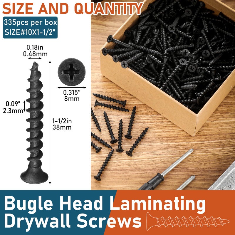 Yaocom # 10 x 1-1/2"" Collated Drywall Tapping Screws 335 Pcs Black Hardness Coarse Thread Wood Tapping Screws 2lb Bugle Head Laminating Phosphate Coated for Drywall, Wood and Furniture - Image 2